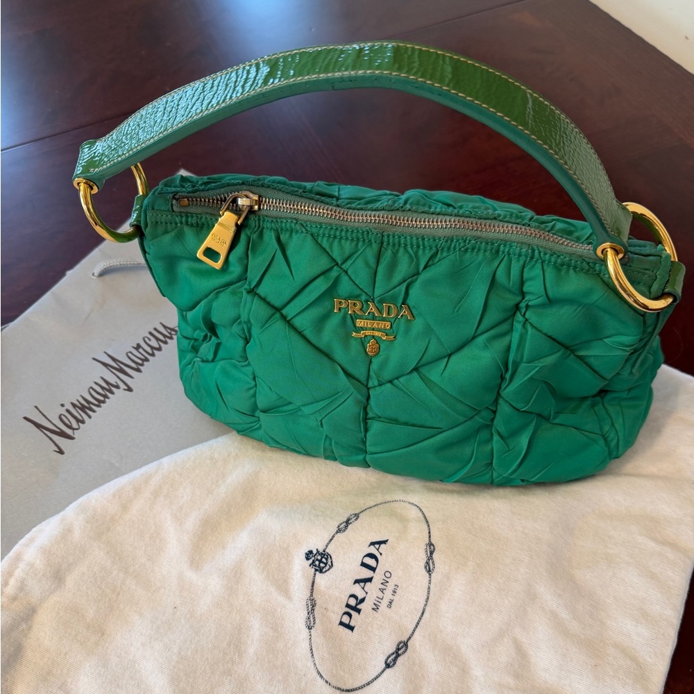 Prada Green Nappa Leather Ruched Shoulder Bag Gold Logo Authentic Italy